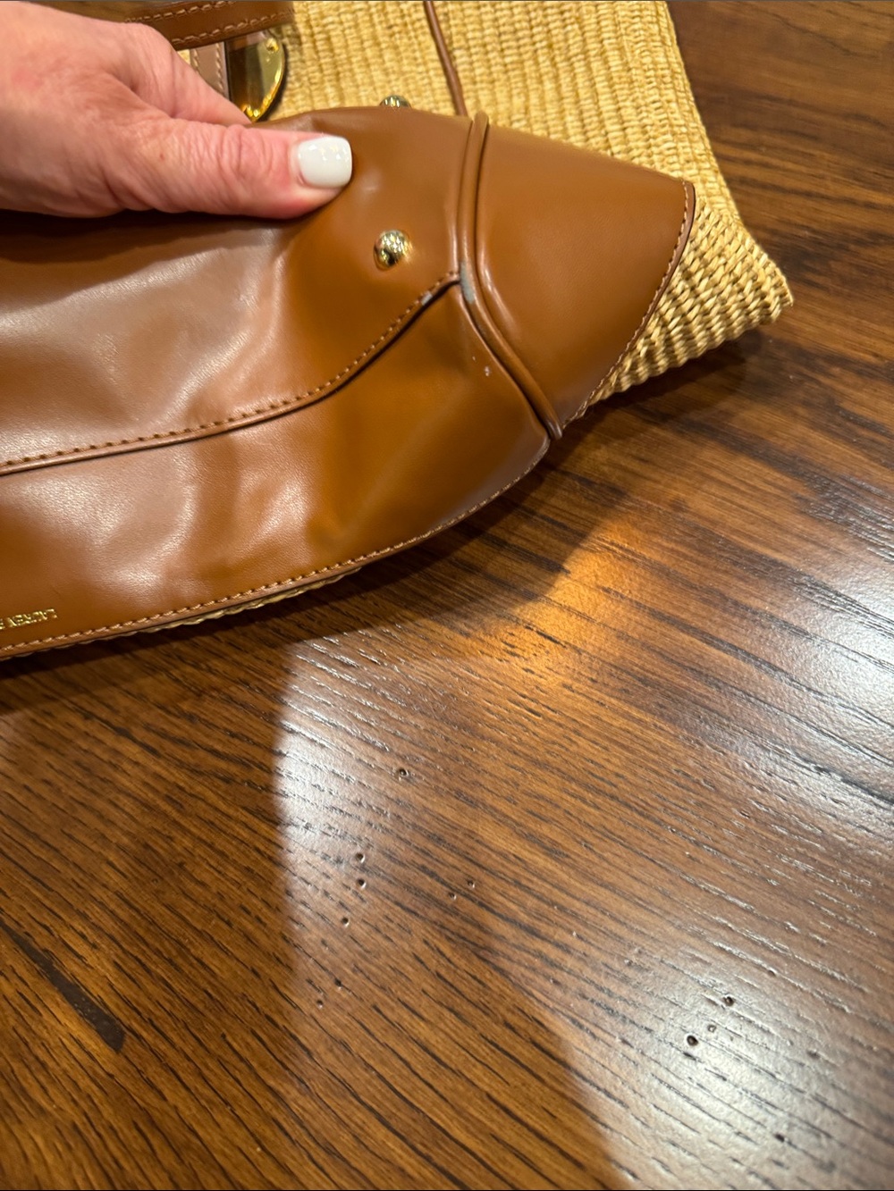Lauren Ralph Lauren Tan Woven Straw Tote with Brown Leather Trim - Picture 16 of 17